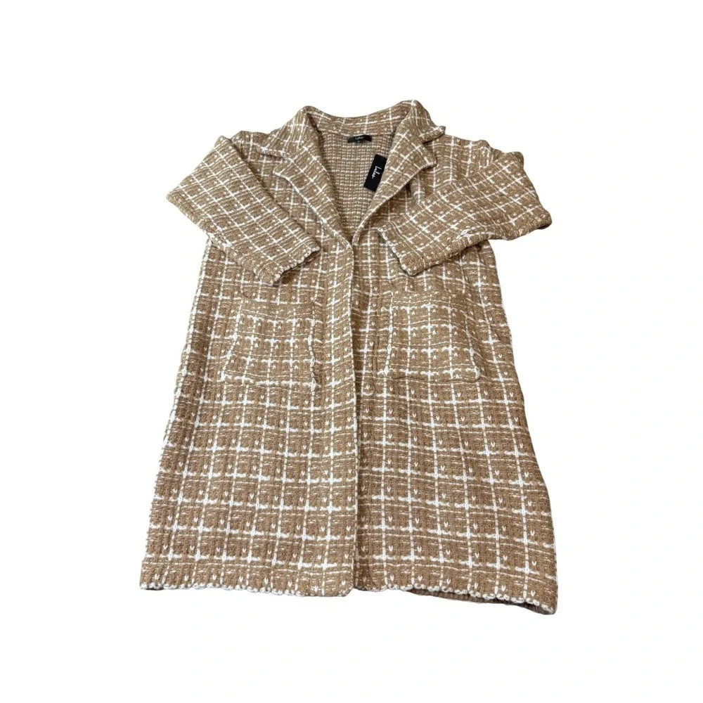 NWT Lulus Size Medium Cozy Conditions Tan White Knit Plaid Coatigan Pockets - Picture 3 of 11